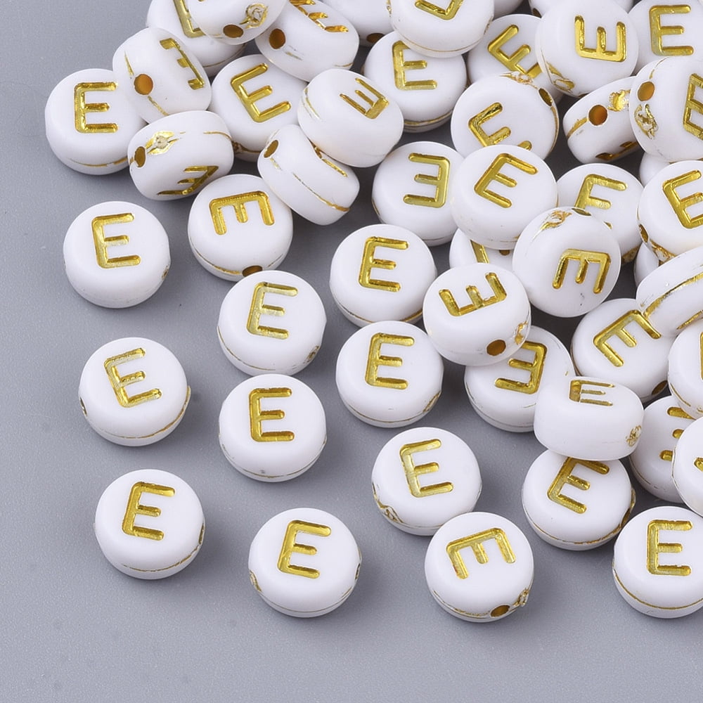 500 g Plating Acrylic Beads Golden Metal Enlaced Horizontal Hole Flat Round White Letter.E 7x3.5mm Hole: 1.2mm about 3600pcs/500g