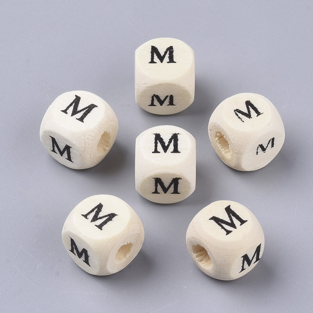 500 g Printed Natural Wood Beads Horizontal Hole Cube with Initial Letter PapayaWhip Letter M 10x10x10mm Hole: 3.5mm about 950~1000pcs/500g
