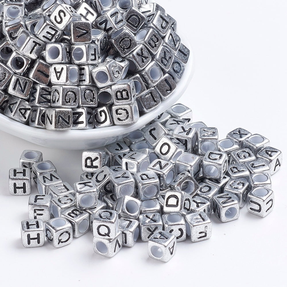 500 g Silver Plated Large Hole Acrylic European Beads Horizontal Hole Cube with Letter Random Mixed Letters 6x6x6mm Hole: 4mm about