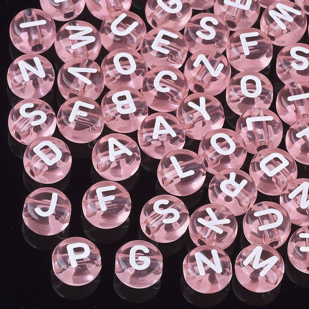 500 g Transparent Acrylic Beads Horizontal Hole Mixed Letters Flat Round Pink 7x4mm Hole: 1.5mm about 3700pcs/500g