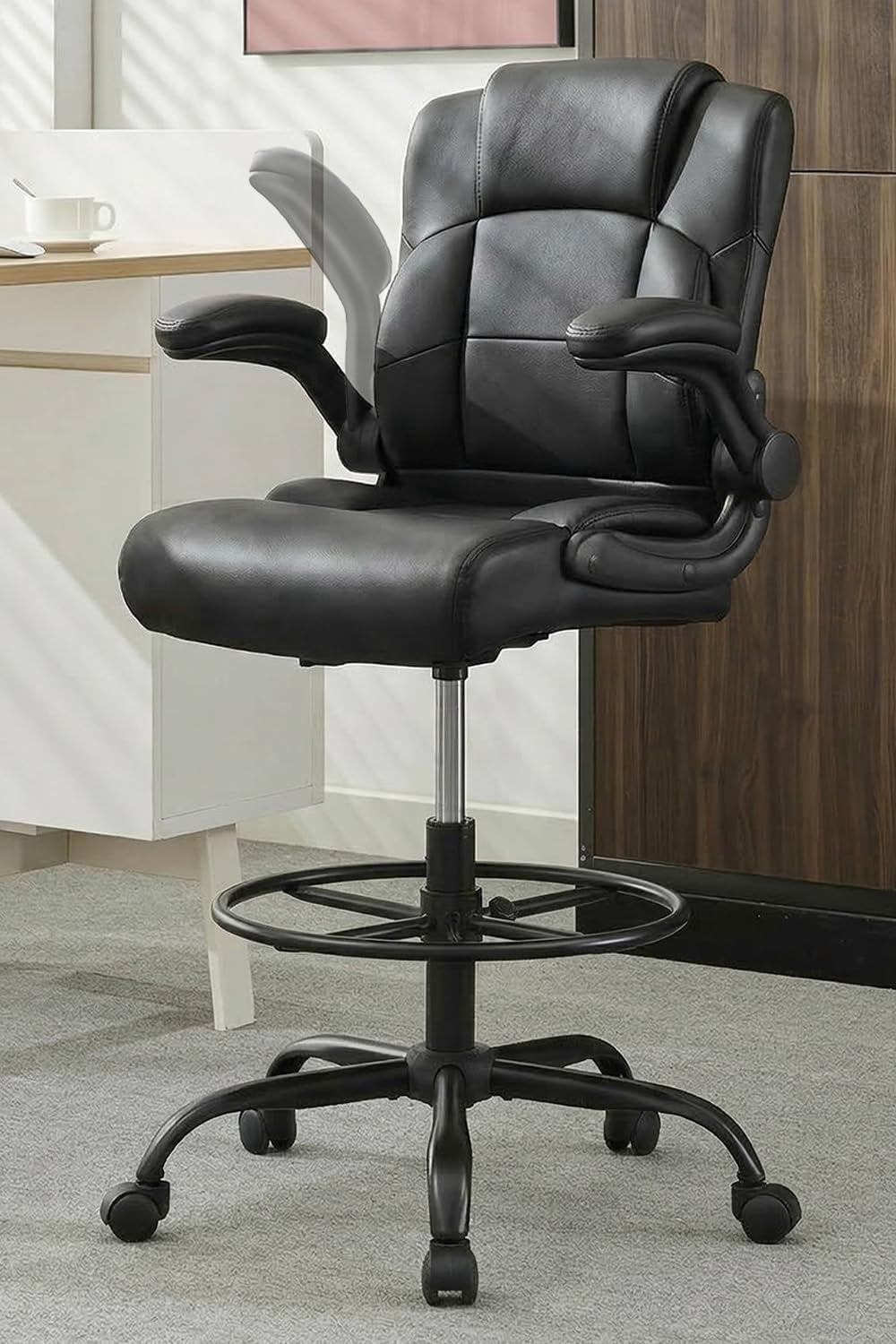 500 lbs Drafting Chair Tall Office Chair with Flip-up Armrests for Standing Desk Executive Ergonomic Computer Leather Desk Chair with Lumbar Support, Adjustable Foot Ring for Home or Drawing Use