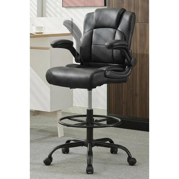 500 lbs Drafting Chair Tall Office Chair with Flip-up Armrests for Standing Desk Executive Ergonomic Computer Leather Desk Chair with Lumbar Support, Adjustable Foot Ring for Home or Drawing Use