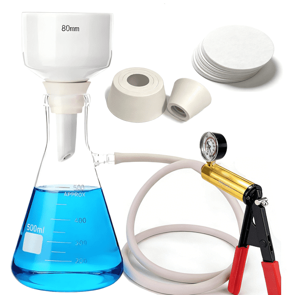 YINGMALE 500 mL Buchner Funnel Filtering Kit with Handheld Vacuum Pump, Lab Vacuum Filtering Flask, Ceramic Filter Funnel, Rubber Stoppers, 100 Filter Papers