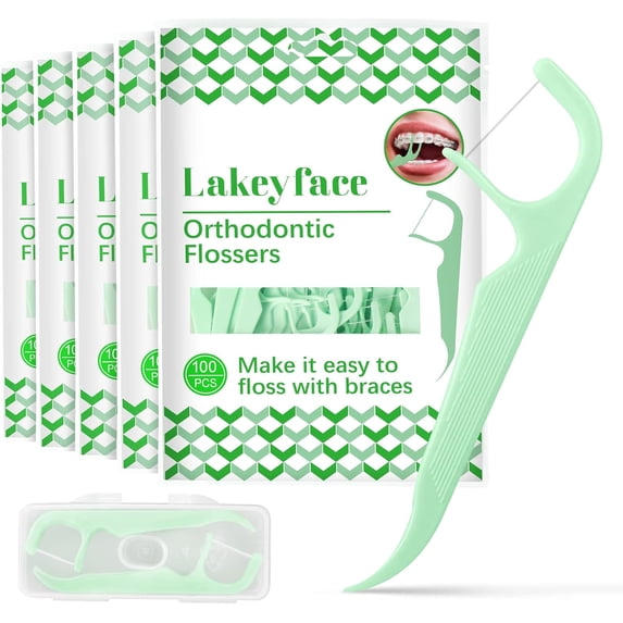 500 orthodontic flossers, with floss dispenser, suitable for adult and child floss sticks, for flossing under archwires, no breakage and no fraying floss, 100 sticks per bag (5 bags total)