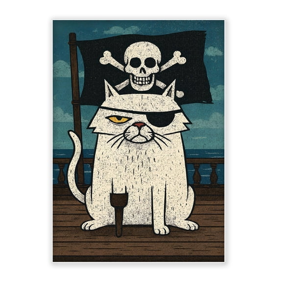 500-pc wood jigsaw: retro grainy art pirate cat Jolly Roger, one-eyed peg leg pirate kitty on ship deck. Stress-relieving, nautical home decor, eco-friendly wood, 20.5x15in