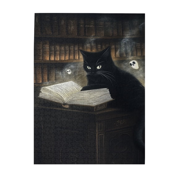 500 pcs The Black Cat Reading 500 piece puzzle for adults,Challenging Brain Exercise,Funny Holiday Gifts,Charm Black Cat Reading Wooden Puzzles,Great for Relaxation and Display for Reading Lovers