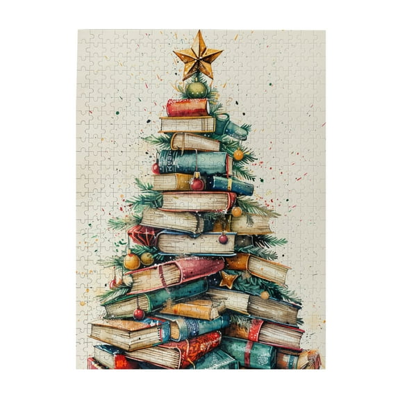 500 pcs Book & Christmas Tree puzzles for adults 500 pieces,Challenging Brain Exercise,Enchanting Book & Christmas Tree Wooden Puzzle,Unique and Beautiful Design,for Reading Lovers Holiday Gifts