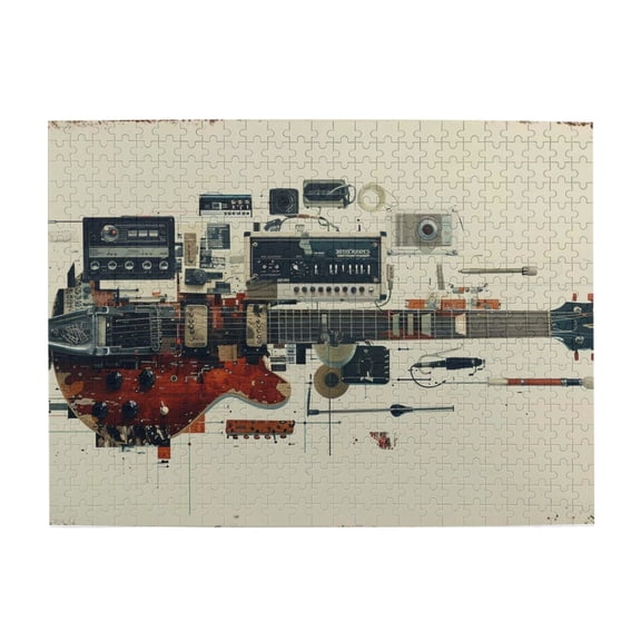 500 pcs Collage guitar 500 piece puzzle for adults,Wooden Whimsy Jigsaw Pieces,Chic Collage Guitar Stress relieving puzzle 500 Piece,Gift for Guitar Enthusiast,Creative Activity Hobbies for Adults