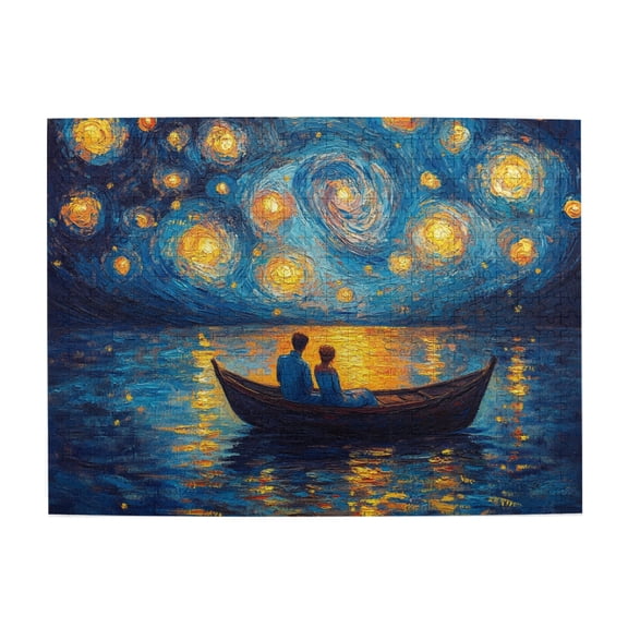 500 pcs Couples watching stars on a small boat Wooden Puzzle 500 Piece,Vibrant Colors,Stunning Artwork,Whimsy Jigsaw Pieces,Impossible Hard Difficult Challenging Puzzles for Adults,Fun Wood Puzzles