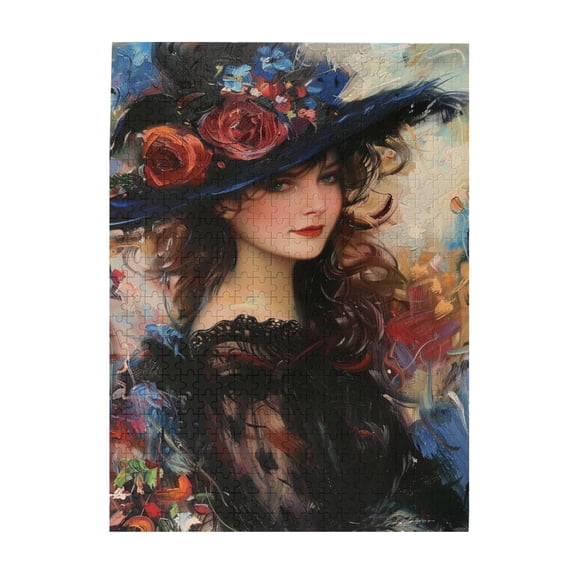 500 pcs Enchanting Hatted Woman 500 Piece Wooden Puzzles For Adults,Challenging Brain Exercise,Stress Relieving Pleasure,Charm Hatted Woman Vintage Art Wood Puzzle,Unique And Beautiful Design