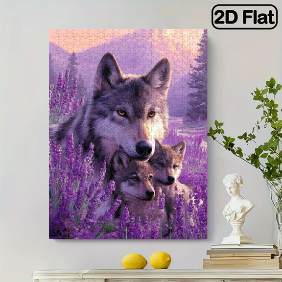 A 500 pcs Featuring a Wolf King And Its Cubs in a Warm Embrace Amidst a Sea of Purple Flowers. This Makes for a Perfect Gift And Is an Excellent Option for Home Decor. 20.4x15 inch