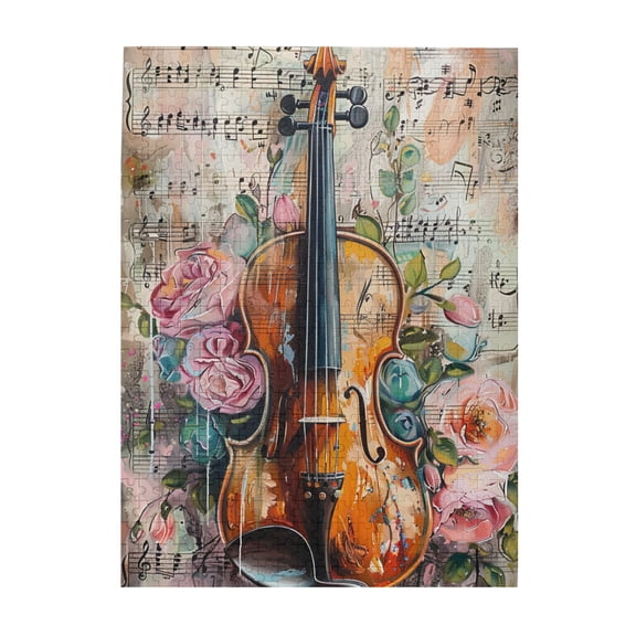 500 pcs Flower violin & Music Score Wooden Puzzle 500 Piece,Unique and Beautiful Design,Stress relieving pleasure,Retro Art Flower violin & Music Score Puzzle 500 Piece,Gift for Friends and Family