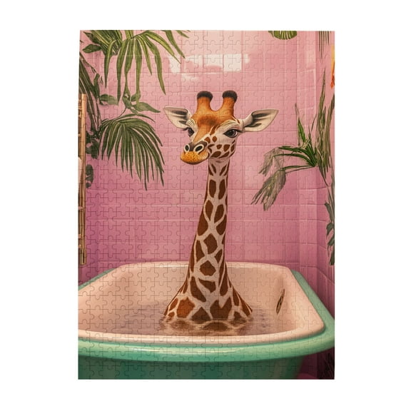 500 pcs Giraffes' Bathing Time 500 Piece Vibrant Jigsaw Puzzle,Unique And Beautiful Design,Challenging Brain Exercise,Funny Giraffes' Bathing Time Wooden Puzzles 500 Piece,For Animal Lovers Gift
