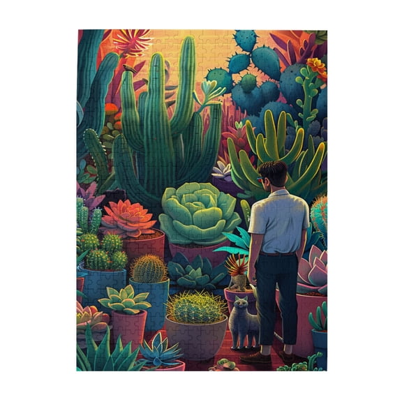 500 pcs Men & Cactus Potted Plant 500 Piece Vibrant Jigsaw Puzzle,Unique Artwork For Adults,Fun Plant Cactus Potted Wooden Puzzles 500 Piece,Great For Relaxation And Display For Puzzle Enthusiasts