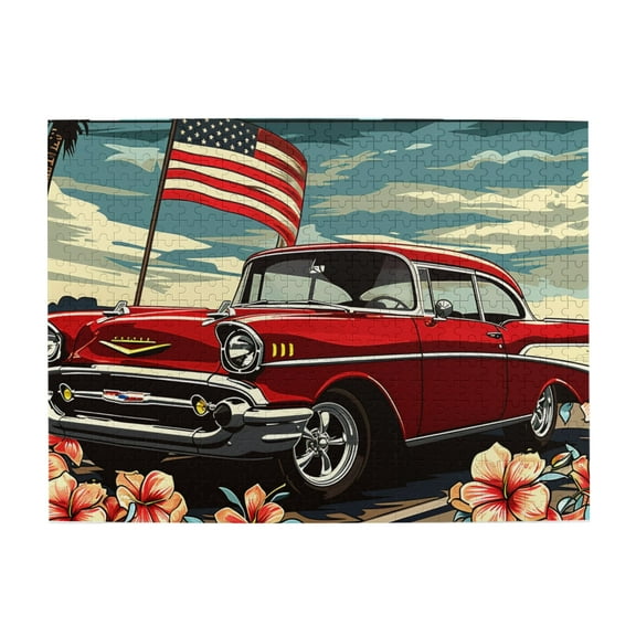 500 pcs Muscle car & USA Flag puzzles for adults 500 pieces,Stunningly Vibrant Colors,Vintage Muscle car Wooden Puzzle,500 Piece Jigsaw Puzzle for Adults Challenging Puzzle Perfect for Game Nights