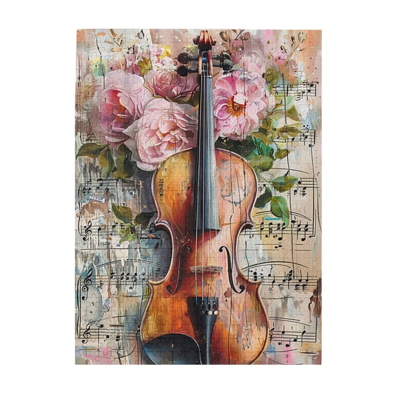 500 pcs 500 Piece Vibrant Wooden Jigsaw Puzzle Flower,violin & Music Score,Unique and Beautiful Design,Challenging Brain Exercise,Charm violin & Music Score Wood Puzzle,Gift Suitable Family Friends