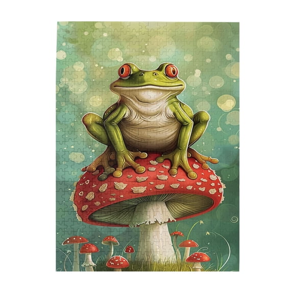 500 pcs 500 Piece Vibrant Wooden Jigsaw Puzzle Red Mushroom & Frog,Creative Activity Hobbies for Adults,Funny Red Mushroom & Frog Art Wood Puzzle,for Puzzle Lovers Gift,Unique and Beautiful Design