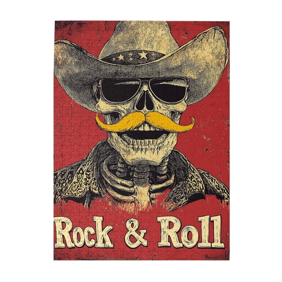 500 pcs 500 Piece Wooden Puzzle Rock & Roll Slogan Skeleton Cowboy,Challenging Brain Exercise,Unique Artwork For Adults,500 Piece Jigsaw Puzzle For Adults Challenging Puzzle Perfect For Game Night