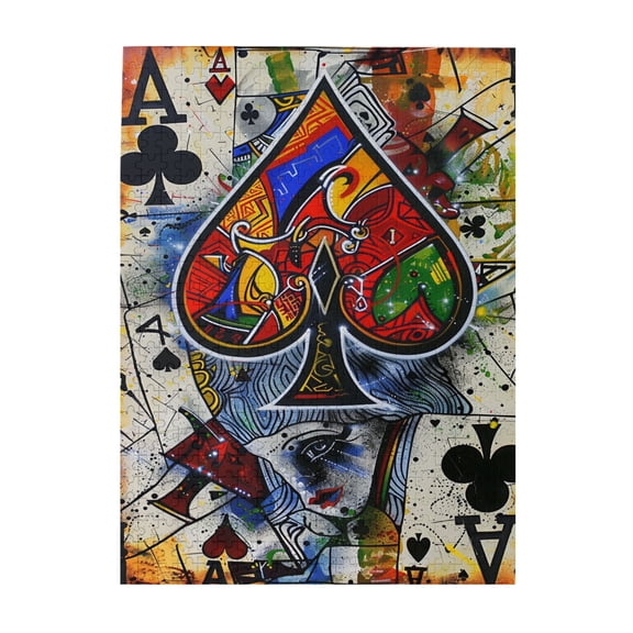 500 pcs Poker Ace Graffiti Jigsaw Puzzles 500 Pieces,Unique Artwork For Adults,Stress Relieving Pleasure,Stunningly Vibrant Colors,Classic Poker Ace Modern Style Wooden Puzzle,For Poker Lovers Gift