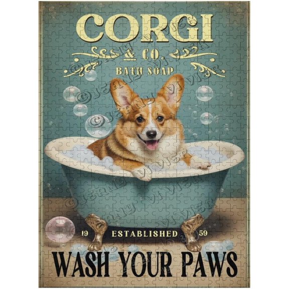 500 pcs Puzzle  Corgi Wash Your Paws Funny Dog Wooden Jigsaw for Adults  Stress Relief Hobby & Decorative Wall Art Gift