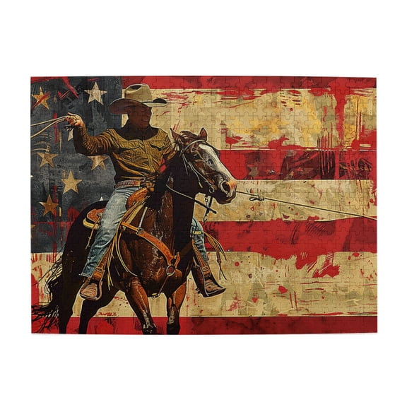 500 pcs Riding Cowboy & Star Spangled Flag 500 Piece Wooden Puzzle,Retro Riding Cowboy & Star Spangled Flag High difficulty puzzle 500 Piece,Great for Relaxation and Display for Puzzle Enthusiasts