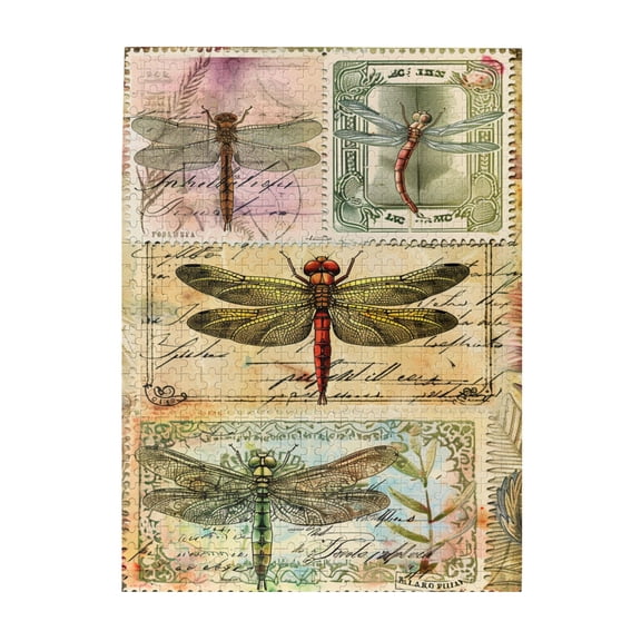 500 pcs Vintage stamps Dragonflies jigsaw puzzles 500 pieces,High difficulty puzzle,Challenging Brain Exercise,Charm stamps Dragonflies Wooden Puzzles,Gifts for stamps collector,Stunning Artwork
