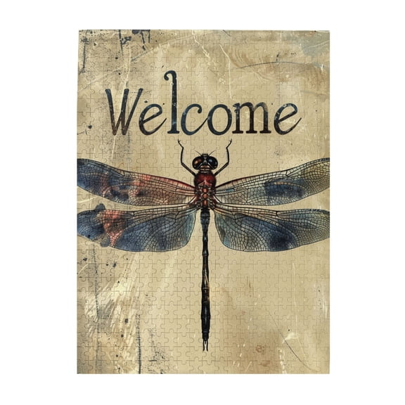 500 pcs Welcome Slogan Dragonflies Wooden Puzzles 500 Piece,Unique Artwork for Adults,Vintage Dragonflies Modern Art Puzzle 500 Piece,Impossible Hard Difficult Challenging Puzzles for Adults