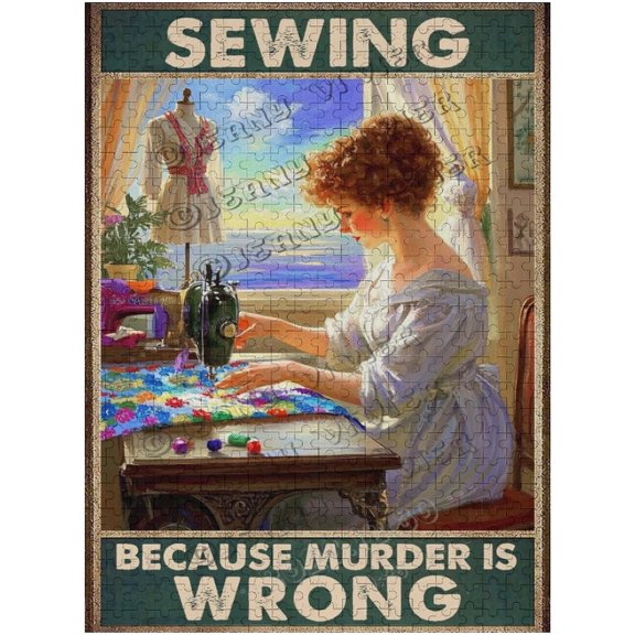 500 pcs Wooden Jigsaw Puzzle Sewing Because Murder is Wrong Funny Sewing Puzzle for Adults, Gift for Seamstresses & Craft Lovers