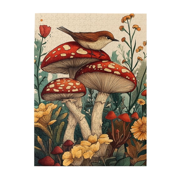 500 pcs Wooden Puzzle 500 Piece Mushroom & Little bird,Stunningly Vibrant Colors,Stress relieving pleasure,Funny Mushroom & Little bird Whimsy Jigsaw Pieces,Creative Activity Hobbies for Adults