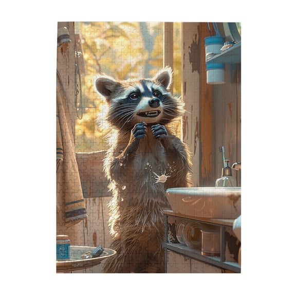 500 pcs little raccoon next to the sink Wooden Puzzles 500 Piece,Creative Activity Hobbies for Adults,Challenging Brain Exercise,Animal Art raccoon Puzzle,High difficulty puzzle,Stunning Artwork