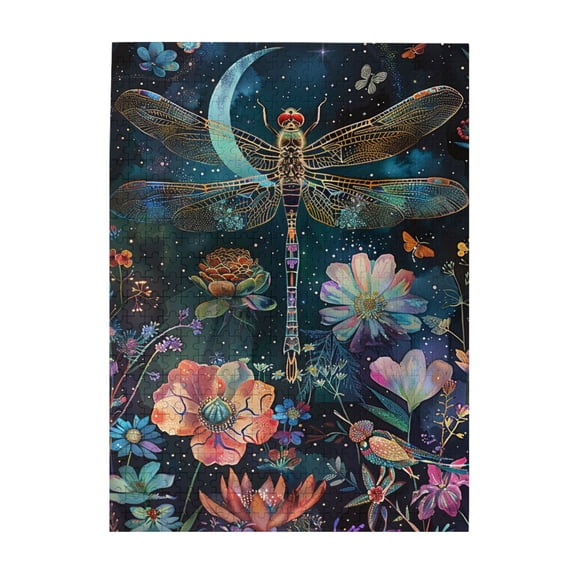 500 pcs moonlit night Dragonflies & Flowers Wooden Puzzles 500 Piece,Creative Activity Hobbies for Adults,Charm Dragonflies & Flower Stress relieving puzzle,for Dragonflies & Flower Enthusiast Gift