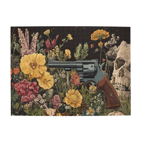 500 pcs revolver & Flower 500 piece puzzle for adults,Unique Artwork for Adults,Retro revolver & Flower Wooden Puzzles,500 Piece Jigsaw Puzzle for Adults Challenging Puzzle Perfect for Game Nights