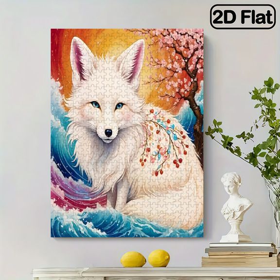 500-piece fun jigsaw puzzle - A fox under waves and cherry blossom trees. Suitable for adults aged 12 and above. 15 x 20.5 inches.