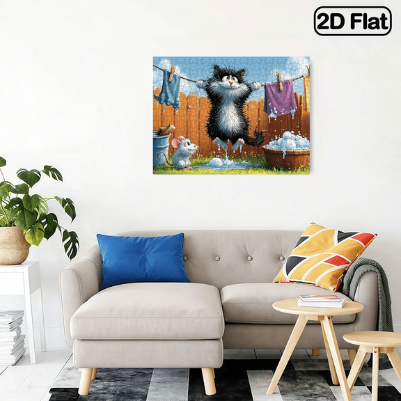 500-piece horizontal paper jigsaw puzzle - A cat hanging on the clothesline, with dimensions of 20.5*15 inches.