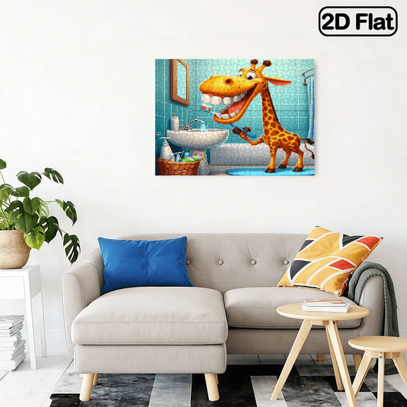 500-piece horizontal paper jigsaw puzzle - Giraffe brushing its teeth . Dimensions: 20.5 * 15 inches.