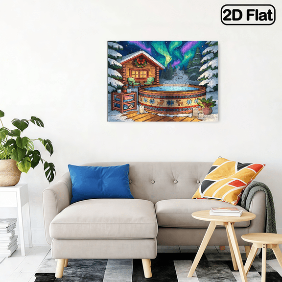 500-piece horizontal paper jigsaw puzzle - Hot Spring Cottage under Aurora, with dimensions of 20.5*15 inches.