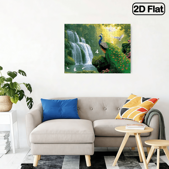 500-piece horizontal paper jigsaw puzzle - splendid peacock waterfall with flying birds, size 20.5*15 inches.