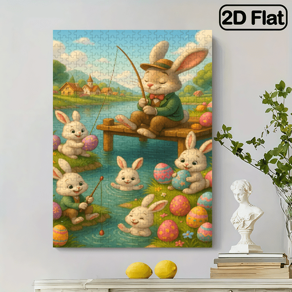 500-piece puzzle featuring a cozy fishing group of rabbits by the lake, with a leisure theme.