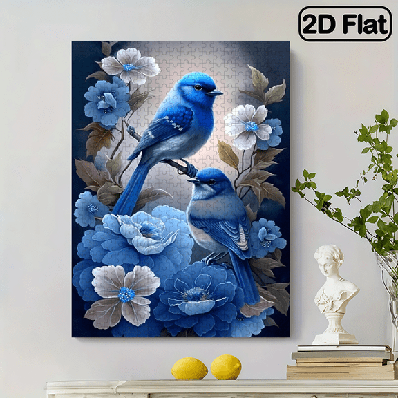 500-piece vertical paper jigsaw puzzle - A blue bird perches on a blue flower. Dimensions: 15 x 20.5 inches.