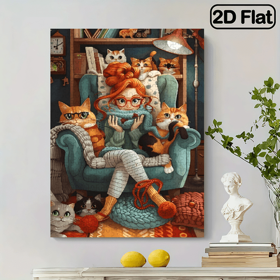 500-piece vertical paper jigsaw puzzle - A lady and her pet cats . Dimensions: 15 x 20.5 inches.