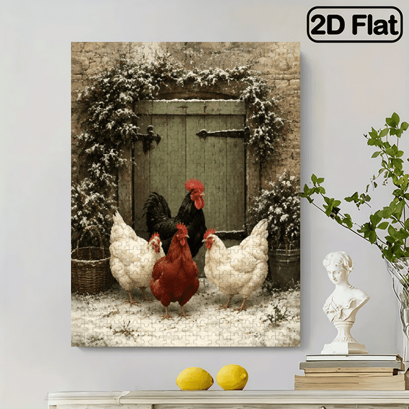 500-piece vertical paper jigsaw puzzle - Farmhouse Chicken Flock, suitable for family leisure and entertainment, Halloween, Thanksgiving, Christmas, size 15*20.5 inches