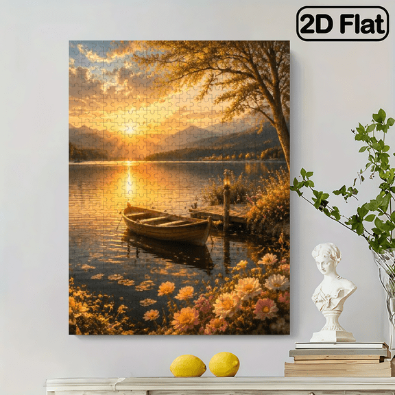 500-piece vertical paper jigsaw puzzle - Golden Lake Surface and small Boat, suitable for family leisure and entertainment, Halloween, Thanksgiving, Christmas, size 15*20.5 inches