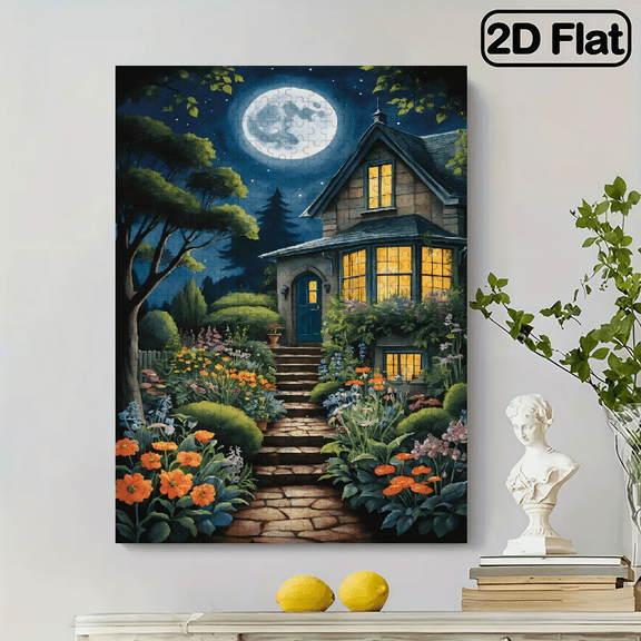 500-piece vertical paper jigsaw puzzle - House with Lights On at Night . Dimensions: 15 x 20.5 inches.