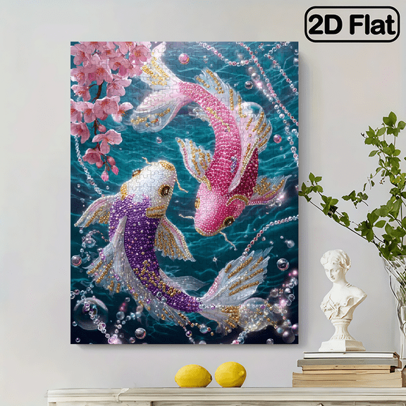 500 pieces Paper Jigsaw Puzzle 14.9x20.4in Koi transfer with cherry blossom embellishment pattern, Brain Challenge, Challenging Decorative Gift, Festive Decoration, Colorful Pattern.