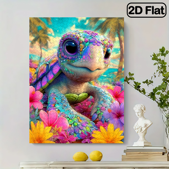 500 pieces Paper Jigsaw Puzzle 14.9x20.4in - Playful Turtle Floral Design, Handcrafted Art, Brain Challenge, Nostalgic Artwork, Detailed Artwork, Family Entertainment, Home Decor