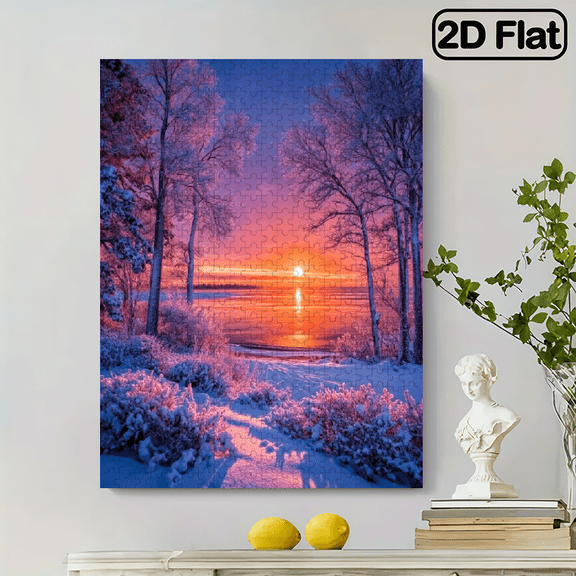 500 pieces Paper Jigsaw Puzzle 14.9x20.4in, Winter Snowscape, Beautiful sunset for Home Office Wall Decoration, Festive Decoration, Colorful Pattern.