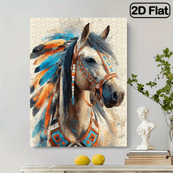 500 pieces of vertical paper jigsaw puzzle - Tribal White Horse, with dimensions of 15 x 20.5 inches.