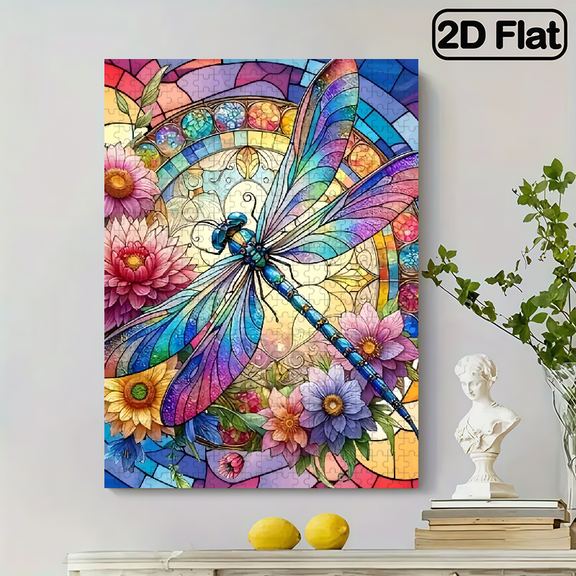500 pieces of the fun "Colored Glass Dragonfly and Blooming Flowers" vertical jigsaw puzzle.