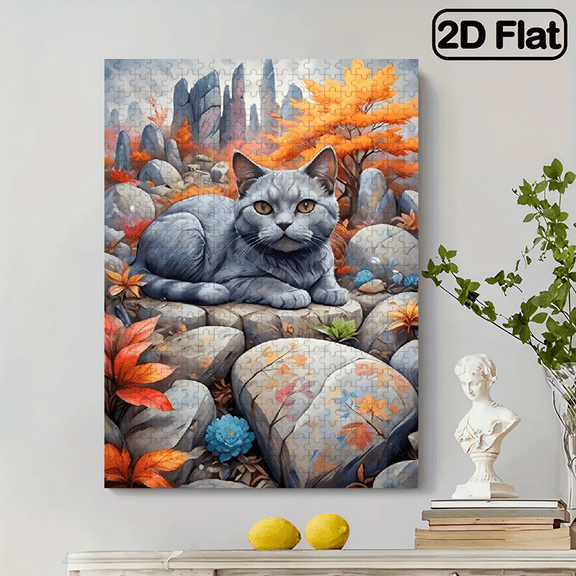 500 pieces of the fun "Grey Cat Among Autumn Mountains and Rocks" vertical jigsaw puzzle.