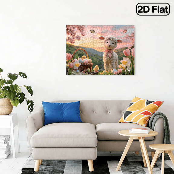 500 pieces of the fun "Little Lamb in the Flower Patch and Easter Basket" horizontal jigsaw puzzle.